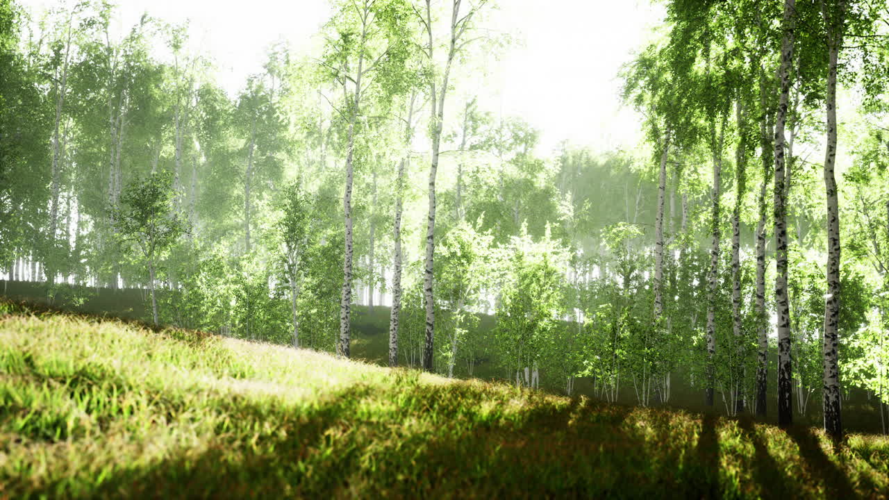 Summery birch grove during a foggy sunrise