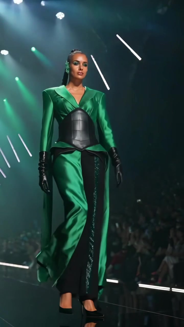 Model går på catwalk i grønt og sort outfit