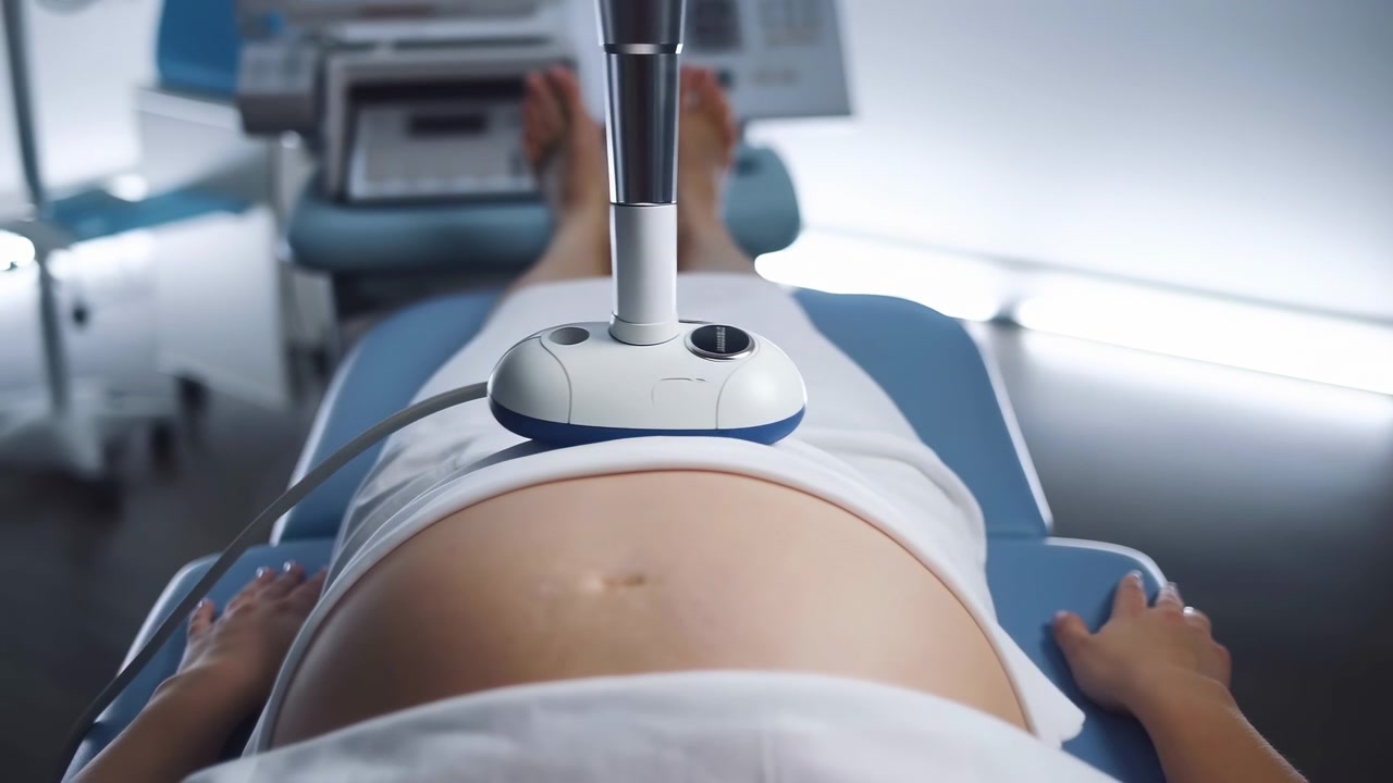 Visão clínica de perto da paciente mostrando uma sonda médica portátil posicionada no abdômen de uma gestante durante um exame pré-natal, enquanto a paciente está em decúbito dorsal em uma mesa de exame acolchoada azul em uma sala estéril e iluminada.