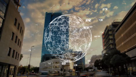 animated digital globe with data points and connections over cityscape with buildings