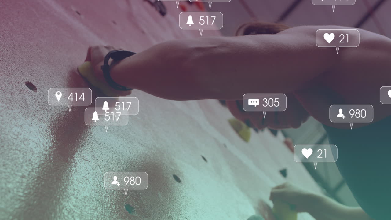 등반 벽에 있는 백인 여성 위에 있는 미디어 아이콘의 애니메이션