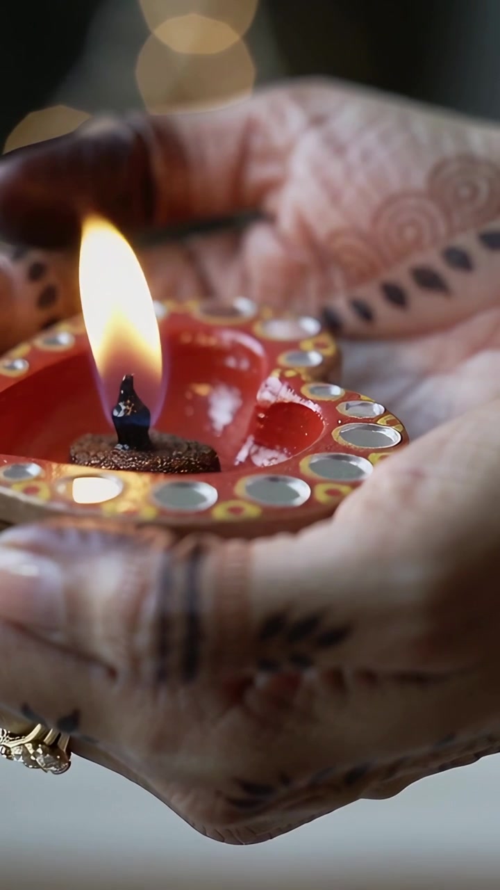 Vertical video: Holding cupped hands with henna and ring, steadying lit diya as flame grows at home