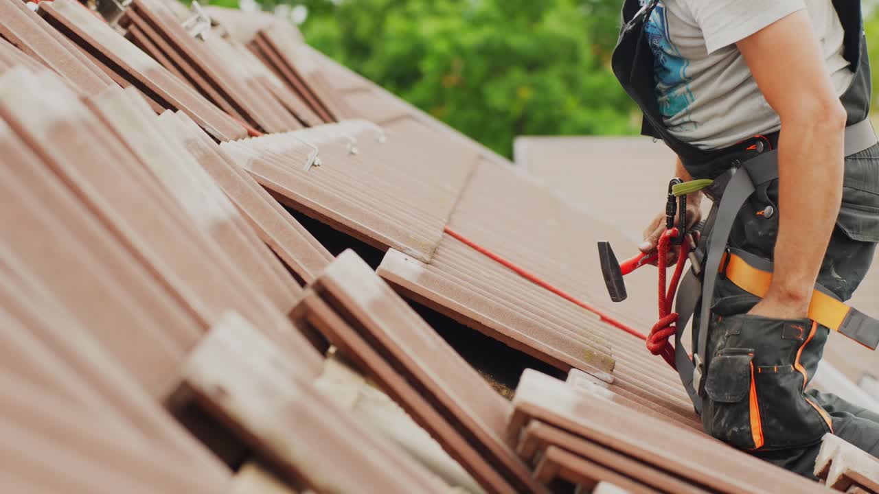 Roof tile installation process, hard work concept