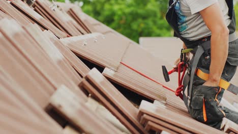 roof tile installation process, hard work concept