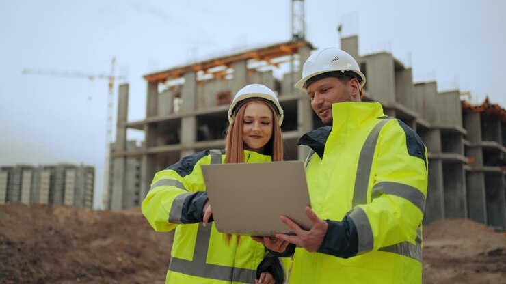 foreman and female architect are discussing project and progress of construction of modern building