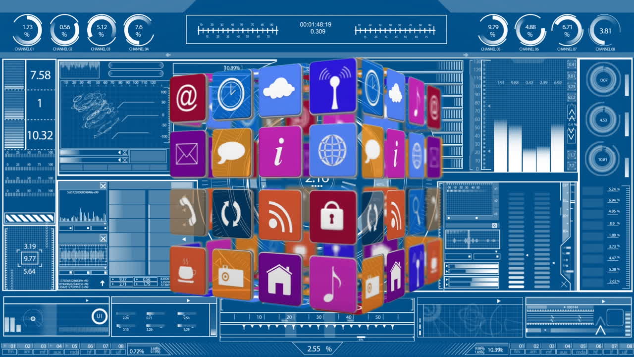 Internet icons in a cube with graphs and statistics