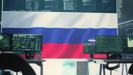 Regierungsraum-Für-Cyber-Operationen-Mit-Russischer-Flagge-Auf-Großer-Leinwand