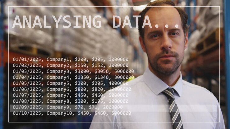 Animation af databehandling med en mandlig supervisor, der tager noter på et lager