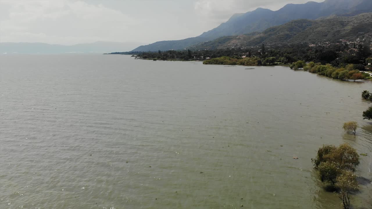 Aerial: shore and lake with drone