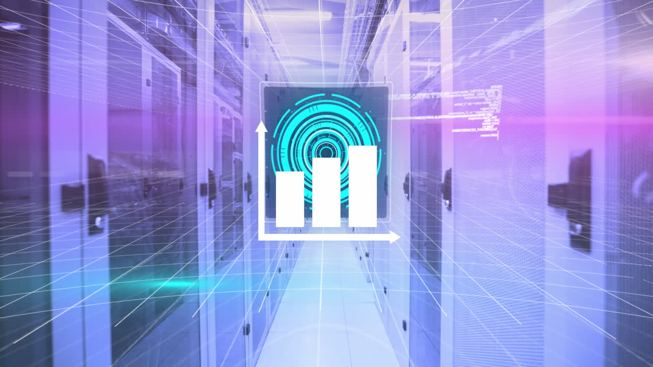 Animation of 6g text, round scanner and data processing against computer server room