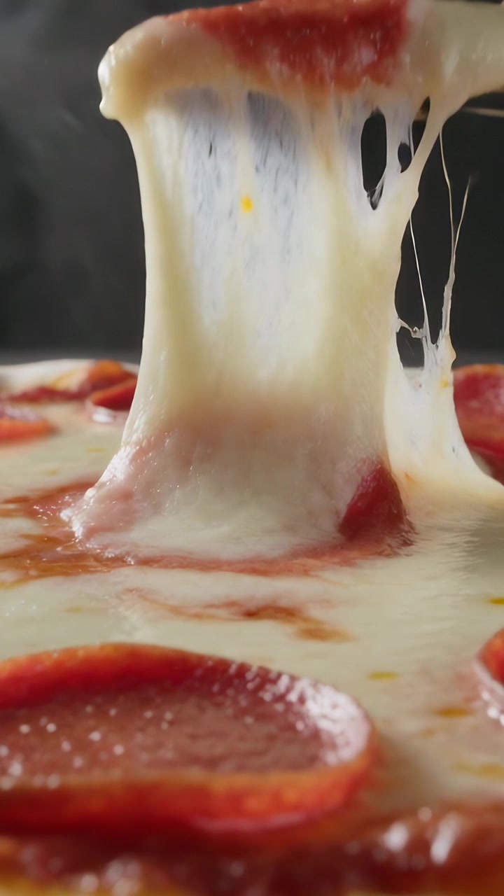 Vertikal video: Løfter hånd og trekker ut en pizzabit fra pepperoni-pizza på studio-sett som viser ostestrekk.