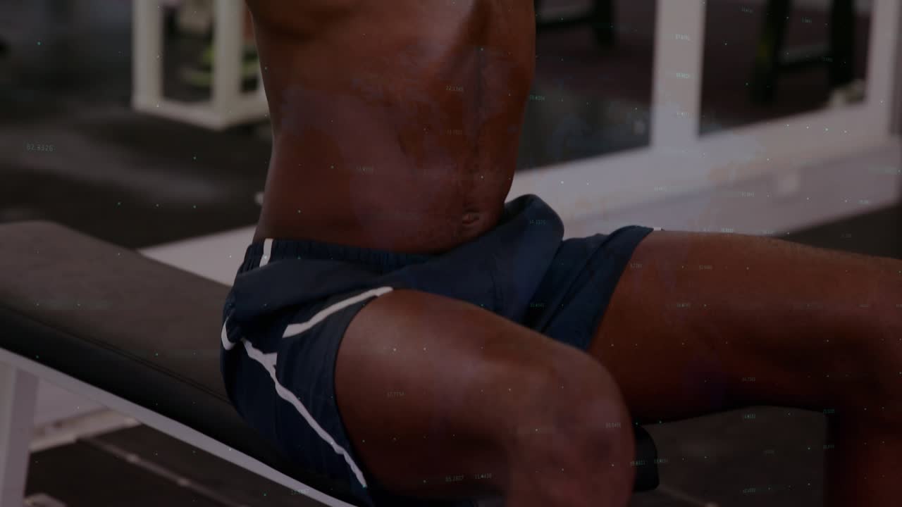 Man pressing dumbbells on bench while camera pulling back and showing animated training charts