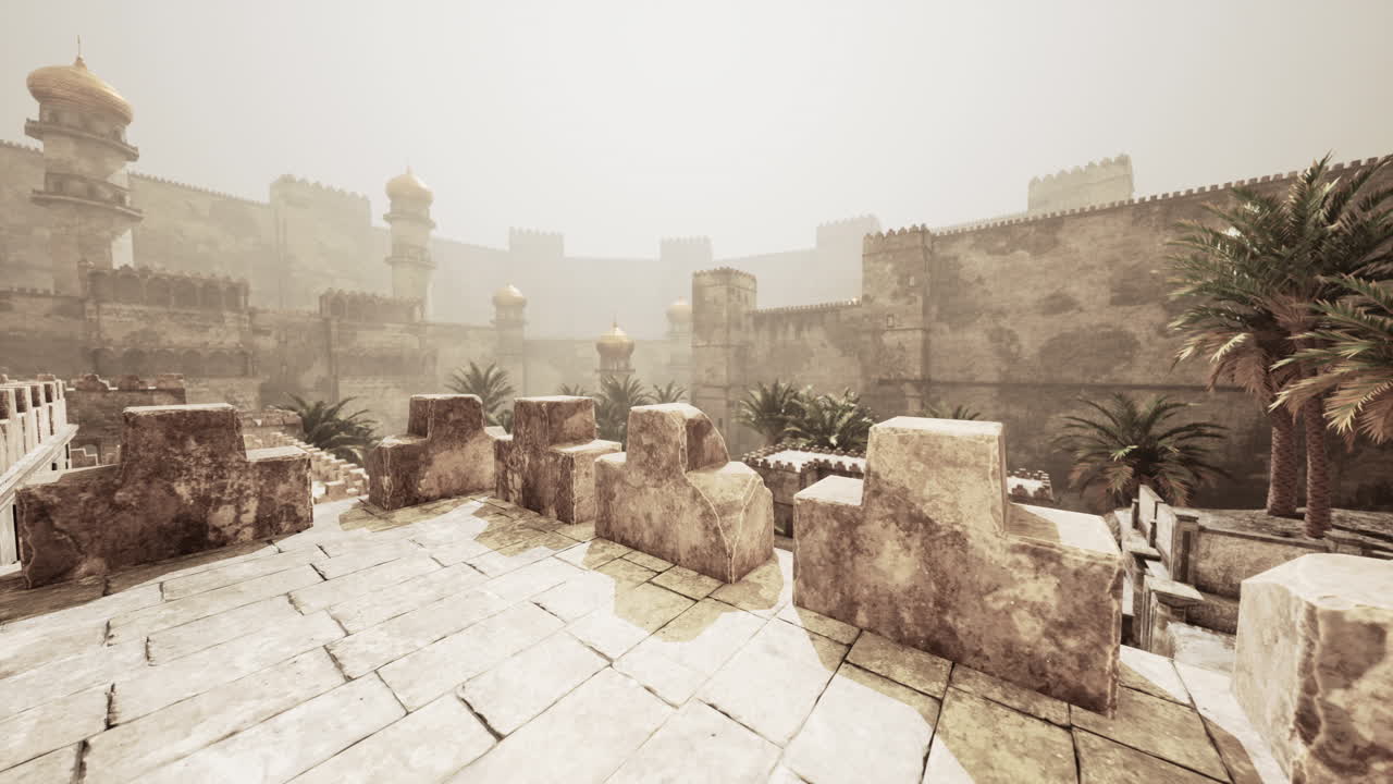 explorando las fortificaciones de una antigua ciudad oriental bajo un cielo brumoso