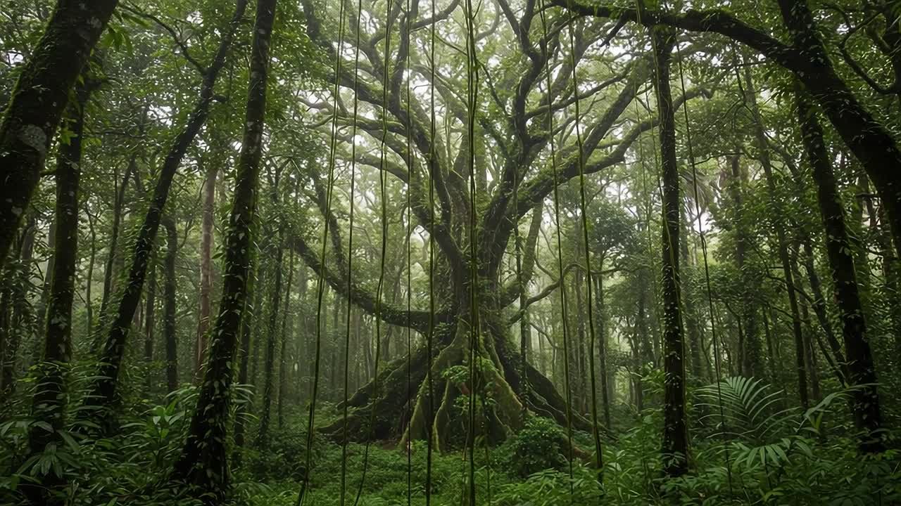 Majestic Ancient Tree Surrounded by Lush Greenery and Misty Forest, Capturing the Essence of Nature's Splendor in a Serene Environment