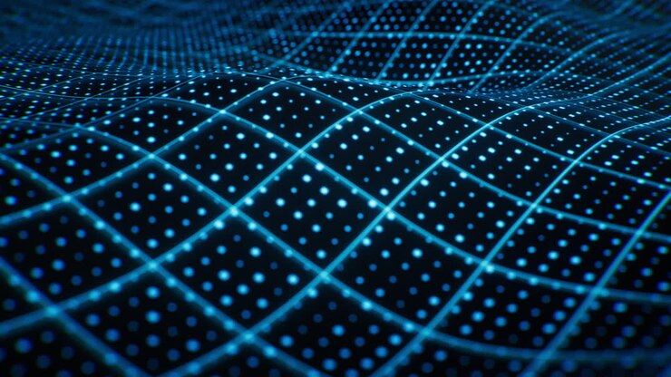 Sfondo blu con griglia a onde tecnologiche, rendering in 3D