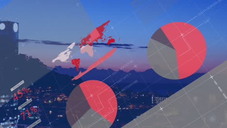 animación del procesamiento de datos estadísticos a través de la red de red contra la vista aérea del paisaje urbano por la noche.