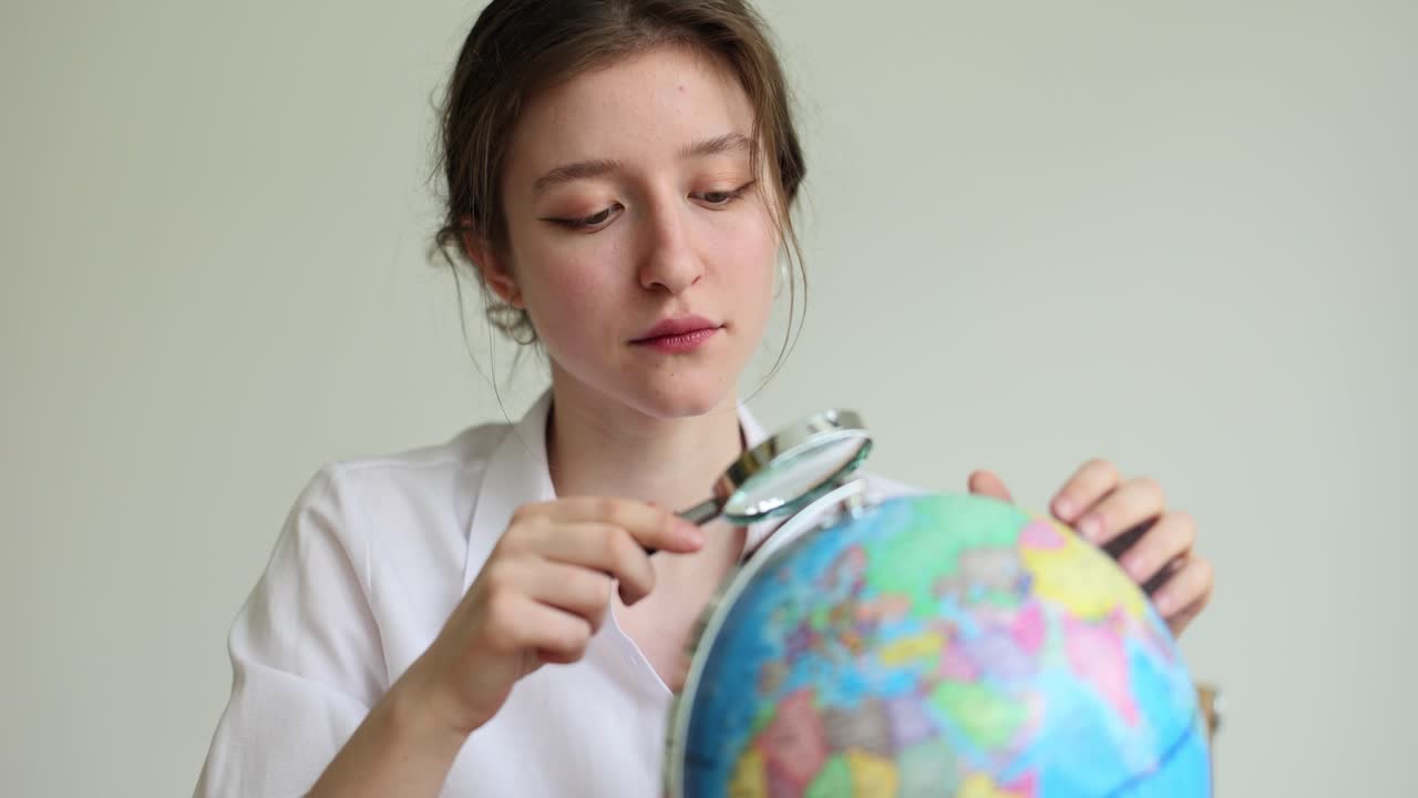 Woman exploring globe with magnifying glass
