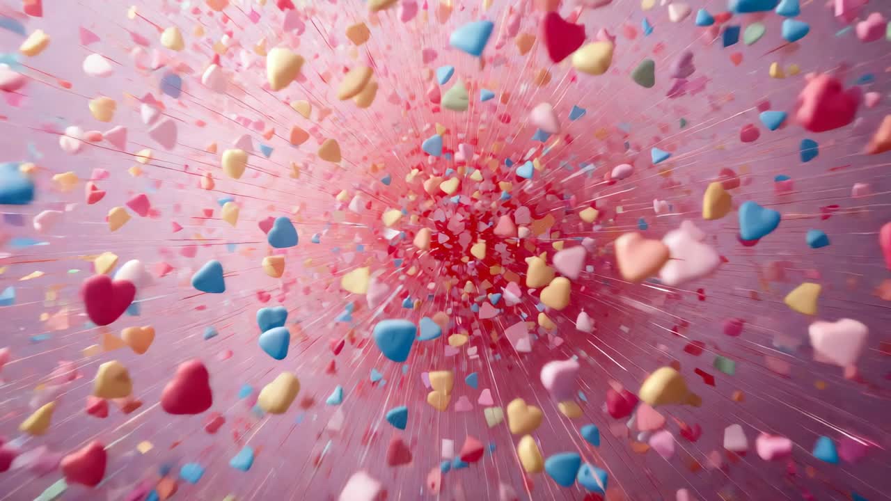柔らかいピンクの背景に、パステルカラーのハートの粒子が何百も外に向かって飛び出す、中心部の爆発。
