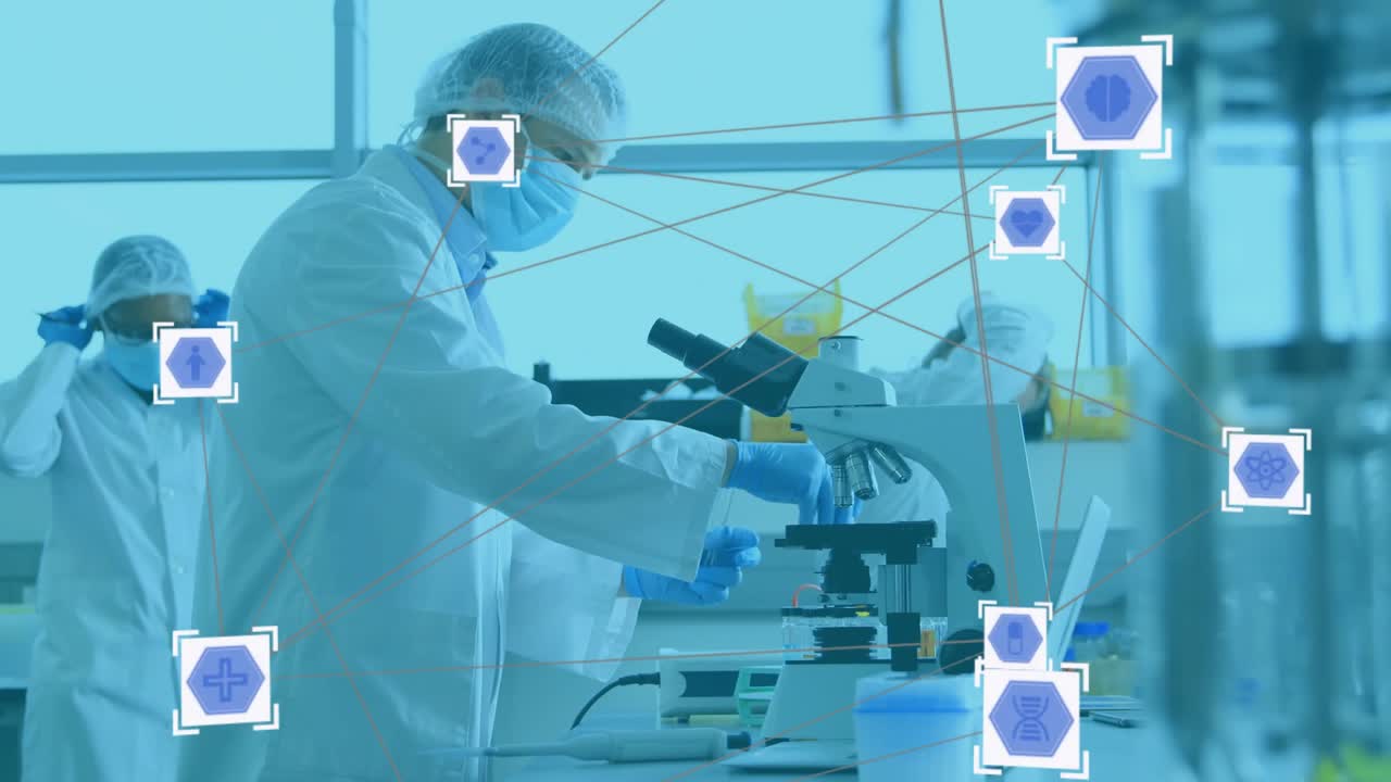 Male tech starting pipetting sample for microscopy, colleague adjusting PPE, hex HUD mapping data