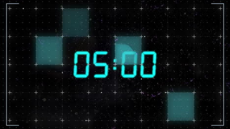 Animation of blue digital clock timer changing over grid on black background