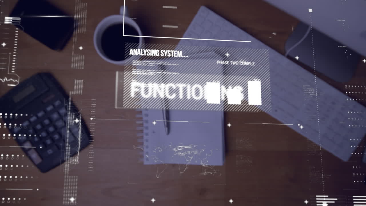 Animating of interface with data processing against diary and pen falling on wooden office table