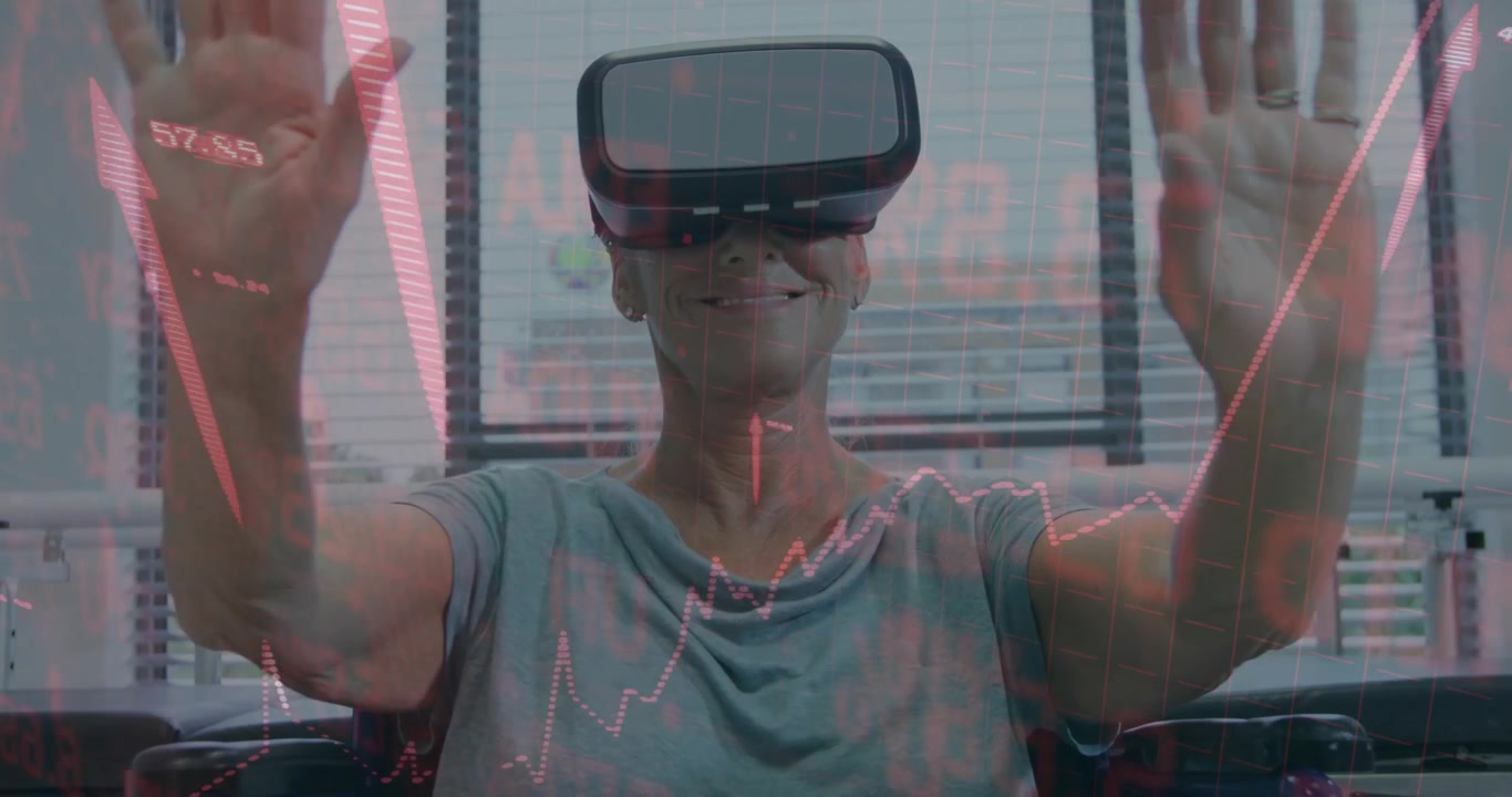 Senior woman putting on and adjusting VR headset, analyzing finance charts overlay using gestures