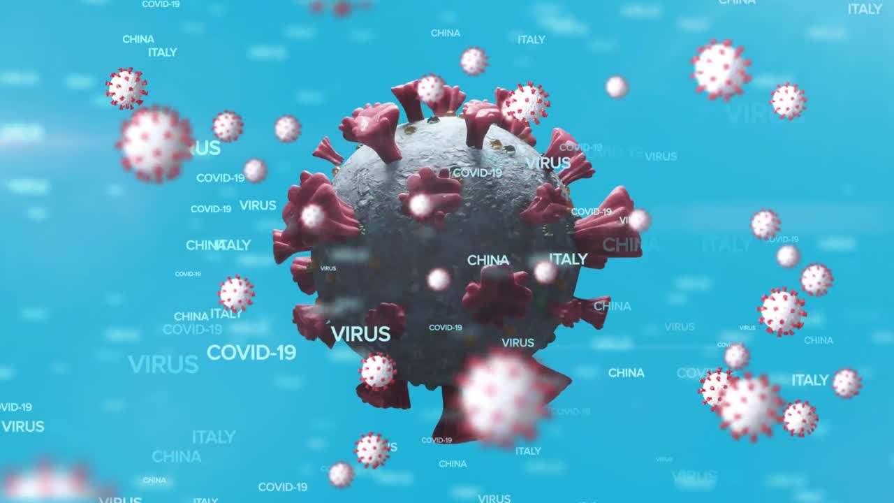 animación de células de virus, covid 19, escritos de china e italia sobre fondo azul
