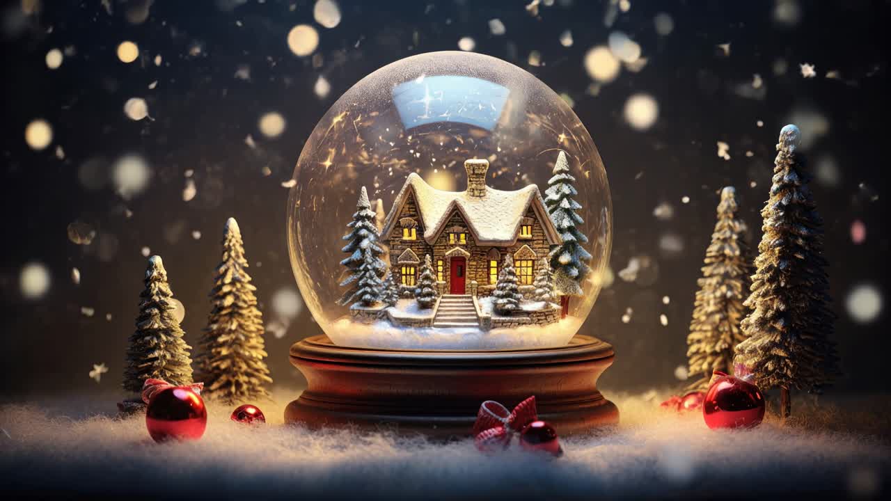Cozy snow globe scene with a cottage, shot at eye level