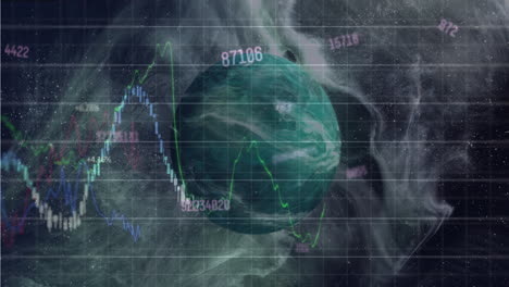 animación de números cambiantes y procesamiento de datos financieros contra un planeta en el espacio.