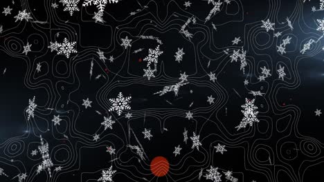 animation of snow flakes icons falling over topography patterns against black background