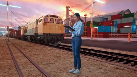full body side view of asian female with her tablet with freight cargo train at port, she raises her fist up with screaming goal