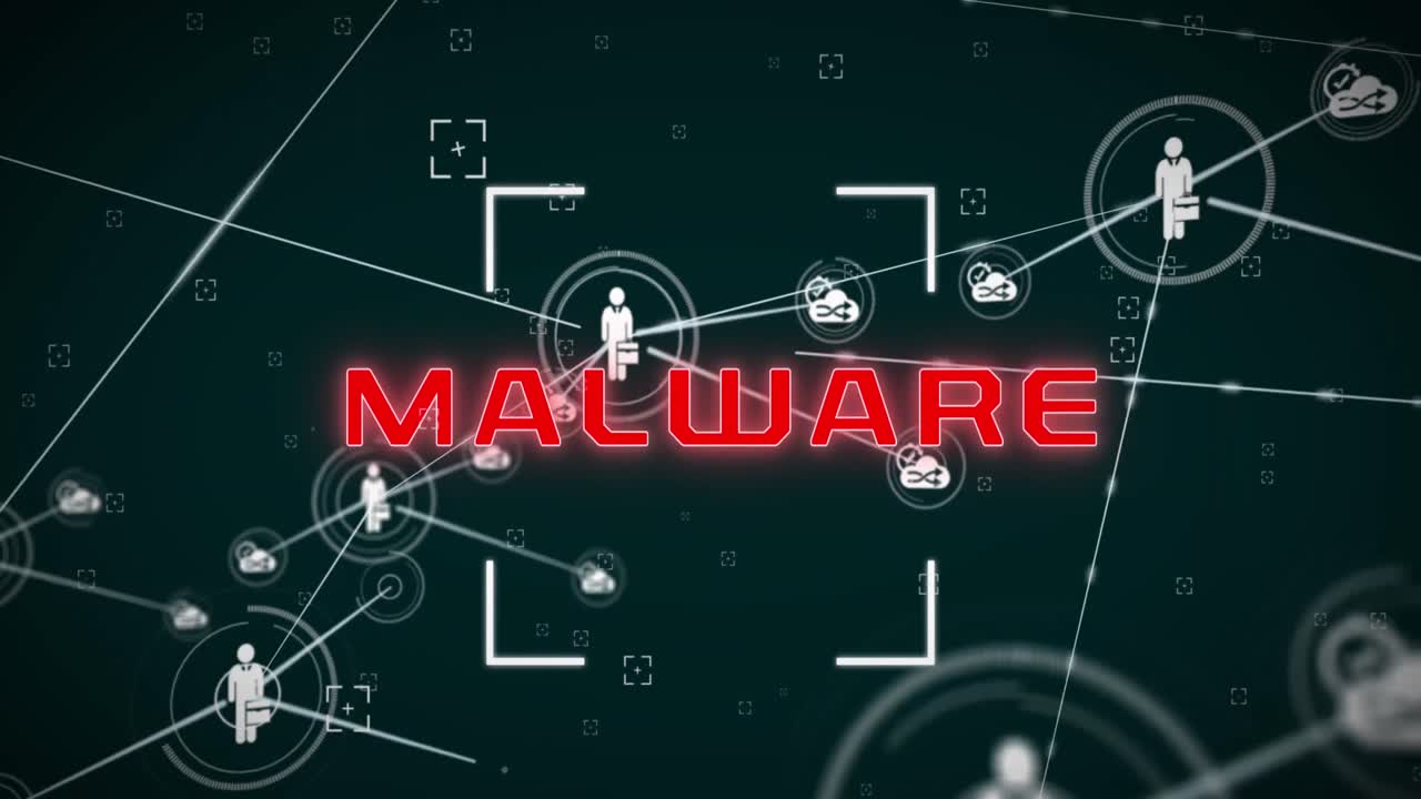 animación del texto de malware con configuraciones conectadas e iconos de personas de negocios