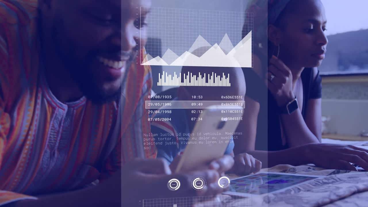 Animation of data processing over african american family using technology