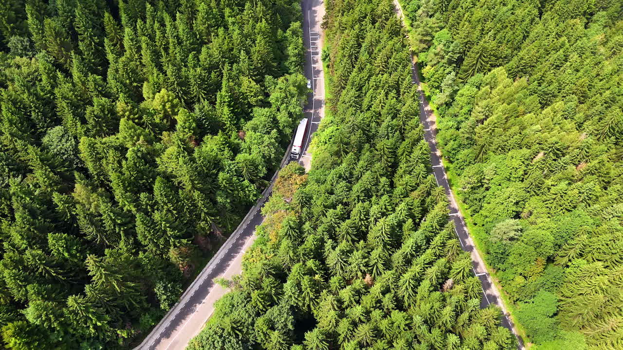 Curved forest road in Transfagarasan route, Romania. Aerial photo of a curved forest road surrounded by dense pine trees on the Transfagarasan route in the Carpathians, Romania