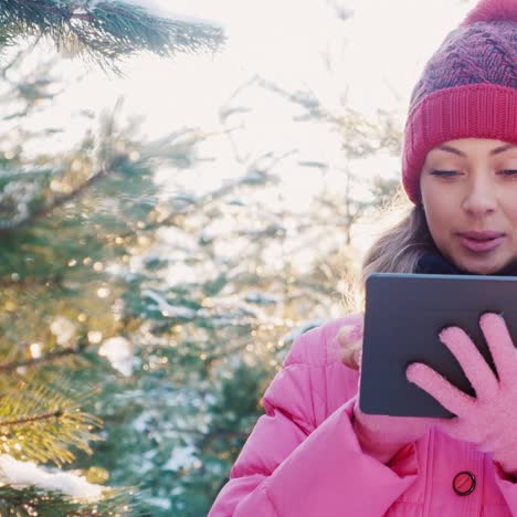 mujer joven usa una tableta con la navegación gps en bosques nevados 5