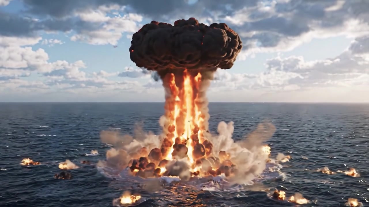 En kraftig eksplosion bryder ud over havet, skaber en massiv chokbølge og en opstigende sky af vragrester mod en baggrund af blå himmel og fjerne bølger.