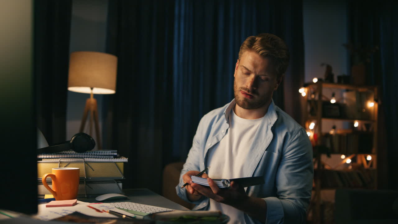 Focused man noticing home closeup. Serious guy writing diary tasks in notebook