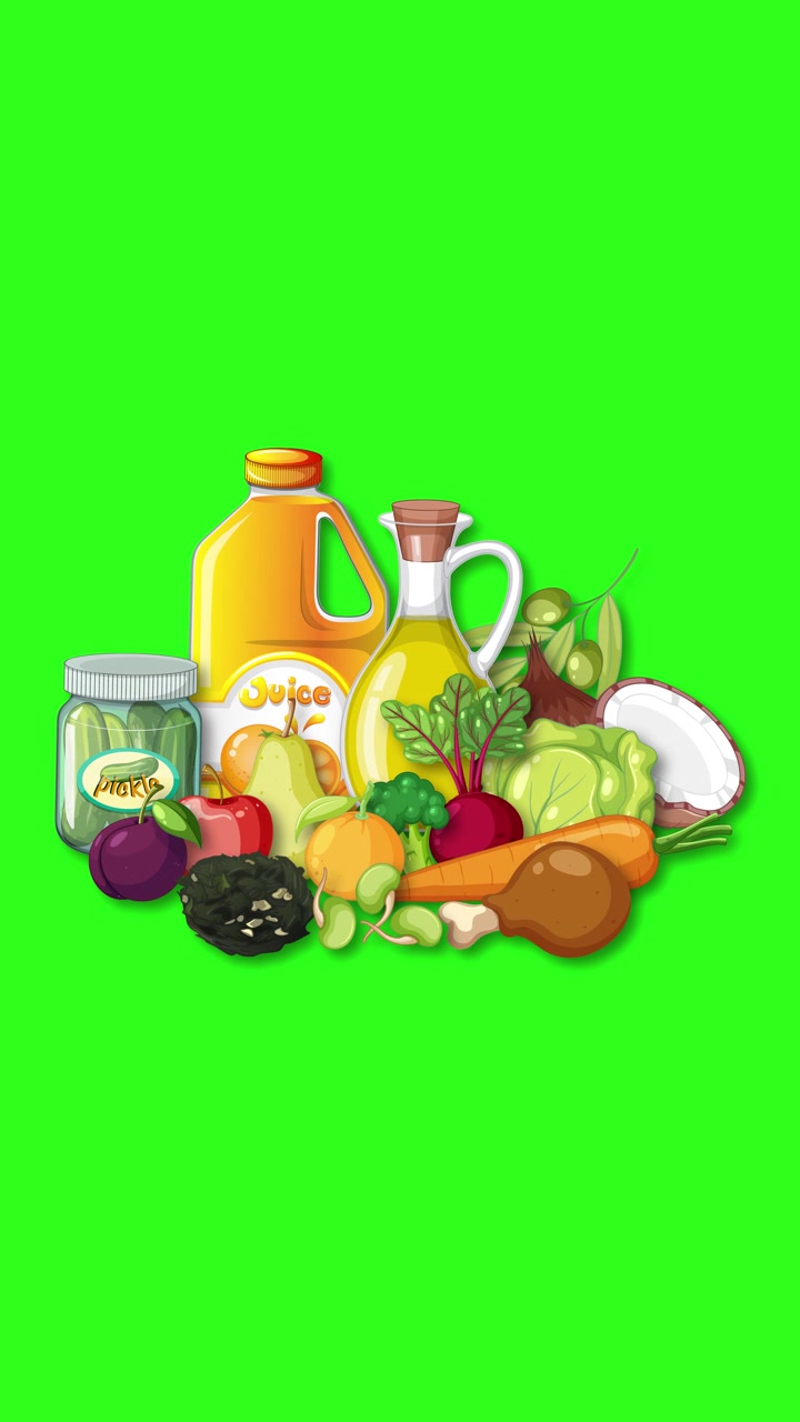 Varie frutta cruda, verdure e succhi si compongono gradualmente su uno sfondo chroma key verde brillante