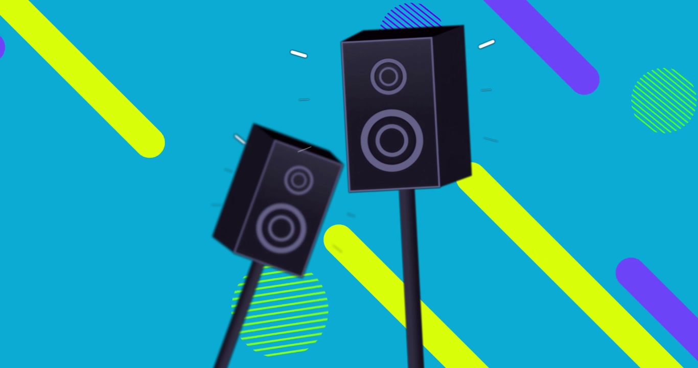 On start two speaker boxes showing white arc and line moving, grid dissolving for looping effect