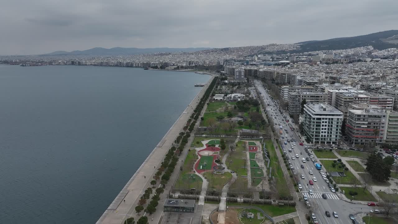 Frontal traveling shot of the coastal area of ​​the city of Thessaloniki, Greece.