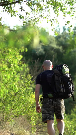 hairless tourist man in black t-shirt and shorts admires the beautiful landscape and continues his trip outdoors. young wanderer with a backpack hiking in summer. vertical video