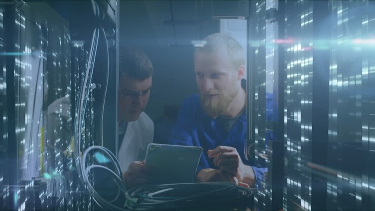 Animation of businessmen over data processing in background