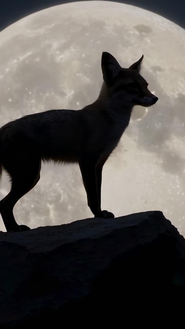 Vídeo vertical: cámara con zoom que muestra un zorro rojo girando hacia la cámara sobre un afloramiento rocoso, luna llena