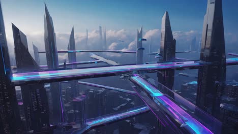 futuristic cyberpunk cityscape with neon pathways and flying vehicles
