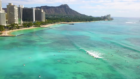 Surfers-riding-waves-by-the-exotic-Waikiki-beach,Honolulu,Hawaii