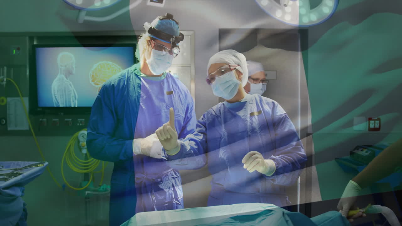 Medical team performing procedure under LED lights, with animated skeleton overlay and brain scan