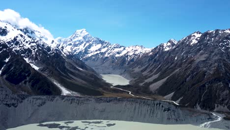 drone view snowy mountains, hooker and mueller lake on a clear sunny summer day in mount cook national park, new zealand.