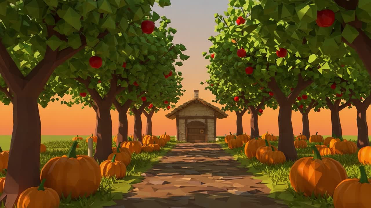 A Scenic Pathway Through an Apple Orchard with Pumpkins Leading to a Cozy Cottage at Sunset, Creating a Tranquil Autumn Atmosphere