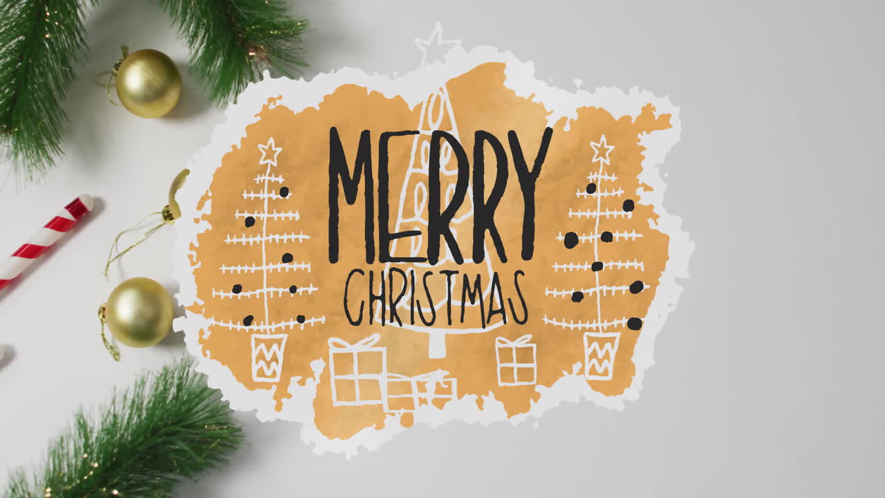 animación del texto de feliz navidad sobre las decoraciones navideñas