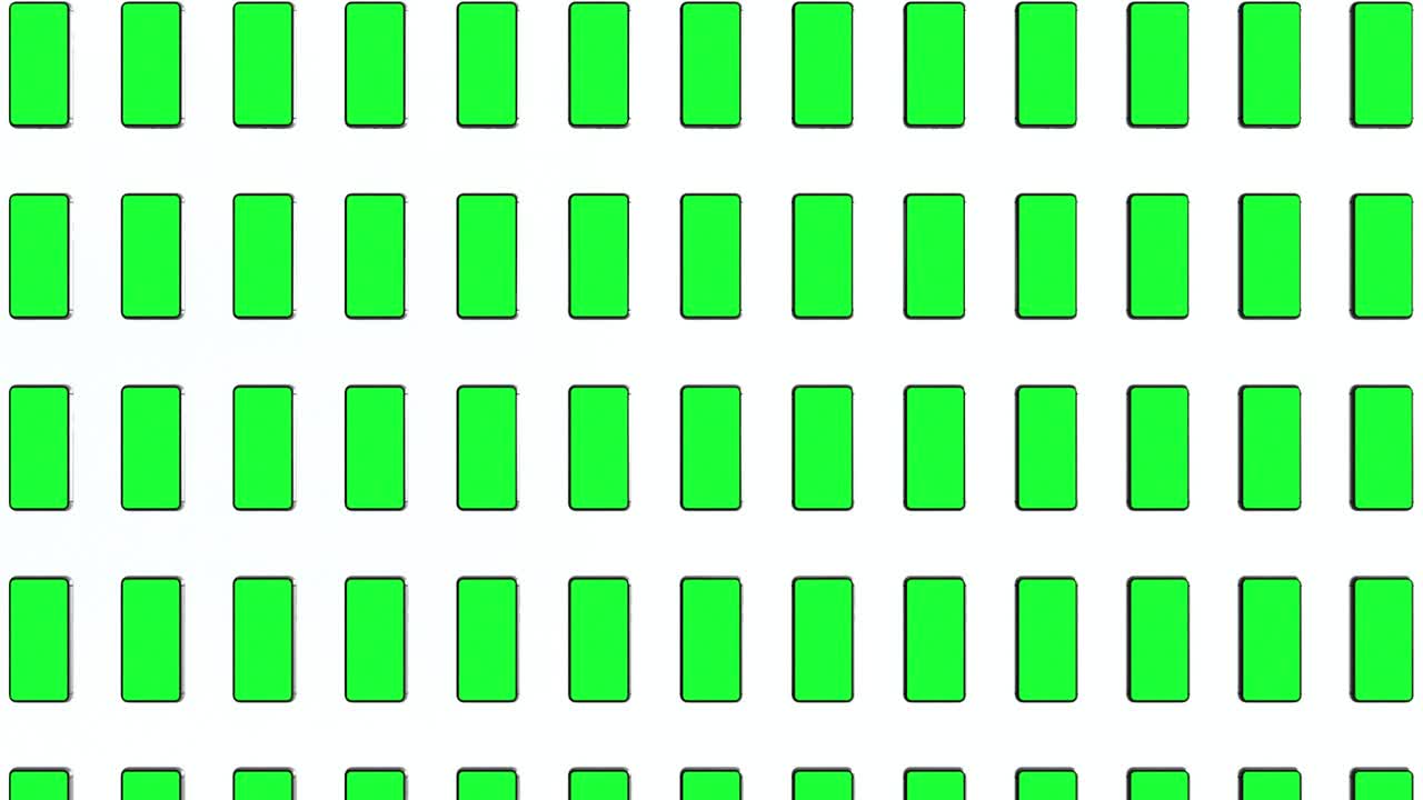 teléfonos móviles con pantalla verde en blanco, vista frontal, aislados en fondo blanco. una cuadrícula de teléfonos moviéndose arriba y abajo. animación 4k para la presentación en el diseño de la pantalla. renderizado 3d de bucle sin costuras